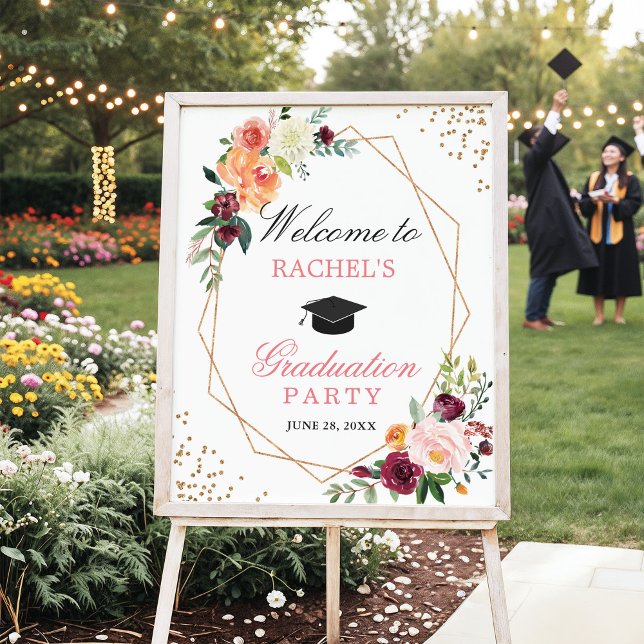 Affiches Blush Pink Gold Floral Graduation Party Bienvenue (Créateur téléchargé)