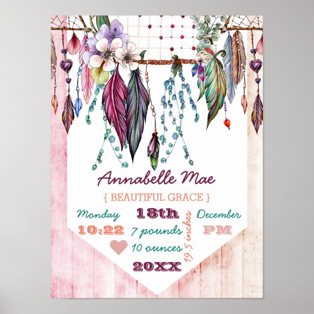 Affiches Boho Dreamcatcher & Wood Baby Girl Birth Stats (Devant)