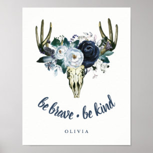Affiches Boho Skull and Blue Peonies   Be Brave, Be Kind