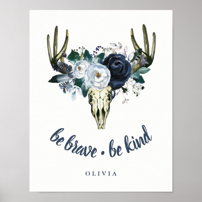 Affiches Boho Skull and Blue Peonies | Be Brave, Be Kind (Devant)