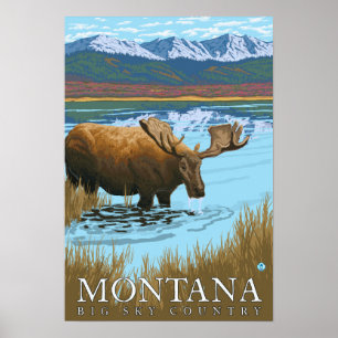 Affiches Boire de l'orignal au lac - Montana