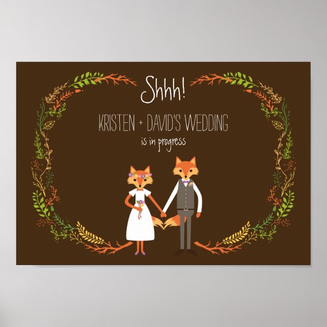 Affiches Bois de Whimsical renards mariage en cours (Devant)