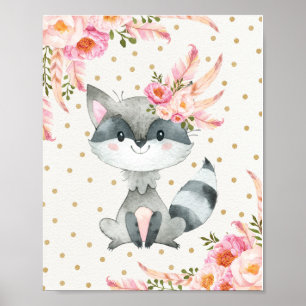 Affiches Bois Raccoon Nourriture Art Boho Décor Floral Boho
