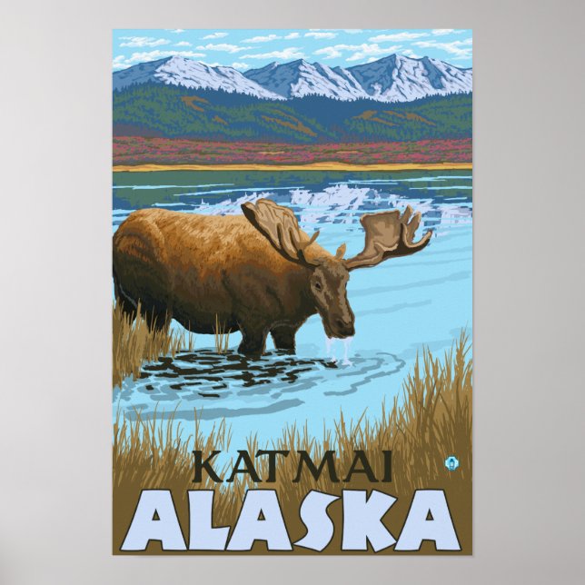 Affiches Boisson d'orignal au lac - Katmai, Alaska (Devant)