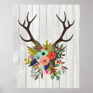 Affiches Boîtiers de cerfs rustiques avec fleurs