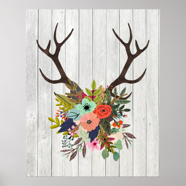 Affiches Boîtiers de cerfs rustiques avec fleurs (Devant)