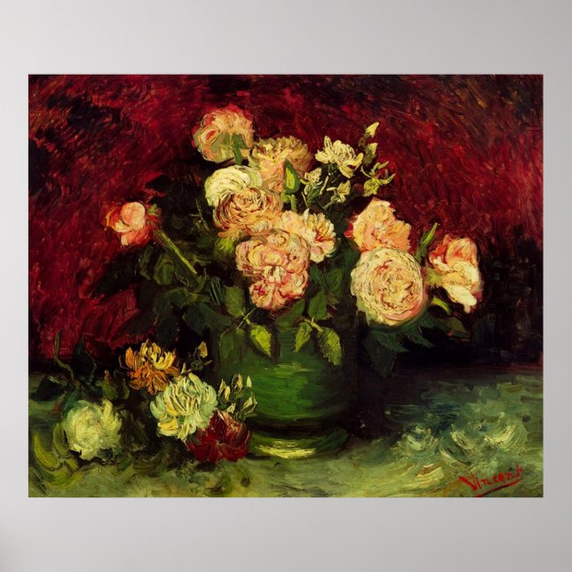 Affiches Bol de pivoines et rose,Vincent van Gogh (Devant)