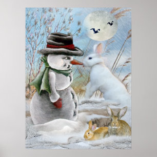 Affiches bonhomme de neige et lapin mangeant de la carotte