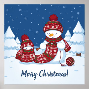 Affiches Bonhomme de neige tricotant une écharpe de Noël