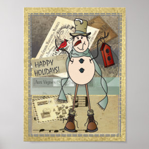 Affiches Bonhomme de neige vintage de bleu de style de