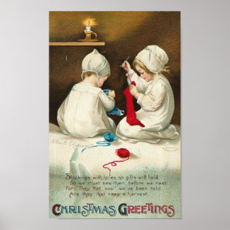 Affiches Bonjour Noël Enfants Coudre Chaussettes de Noël
