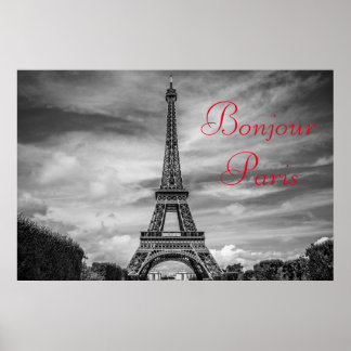 Affiches Bonjour Paris Noir Blanc Tour Eiffel Voyage