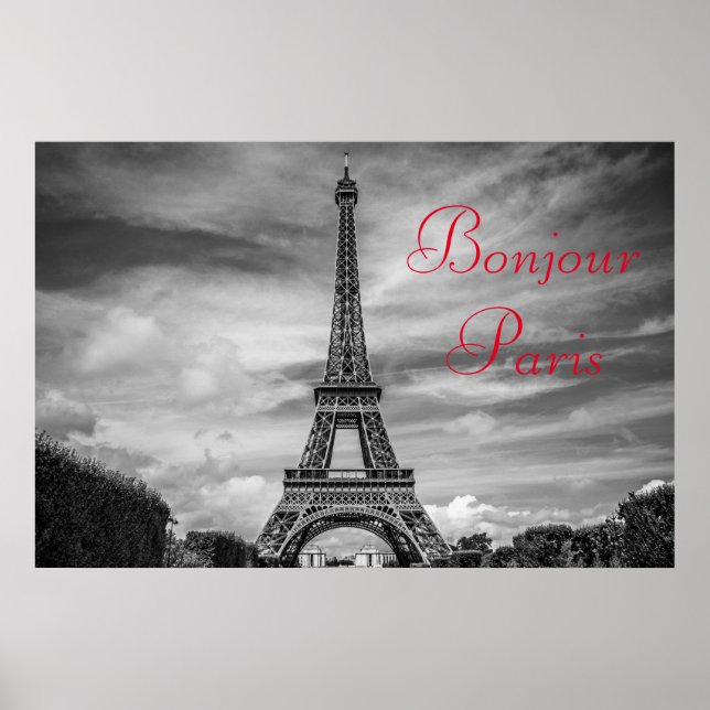 Affiches Bonjour Paris Noir Blanc Tour Eiffel Voyage (Devant)