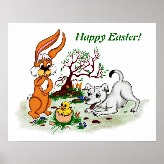 Affiches Bonne Pâques ! Welpe, Küken, Hase (Devant)