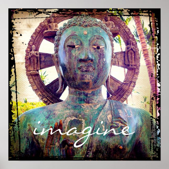 Affiches Bouddha d'antiquité bleu turquoise Imagine Script (Devant)