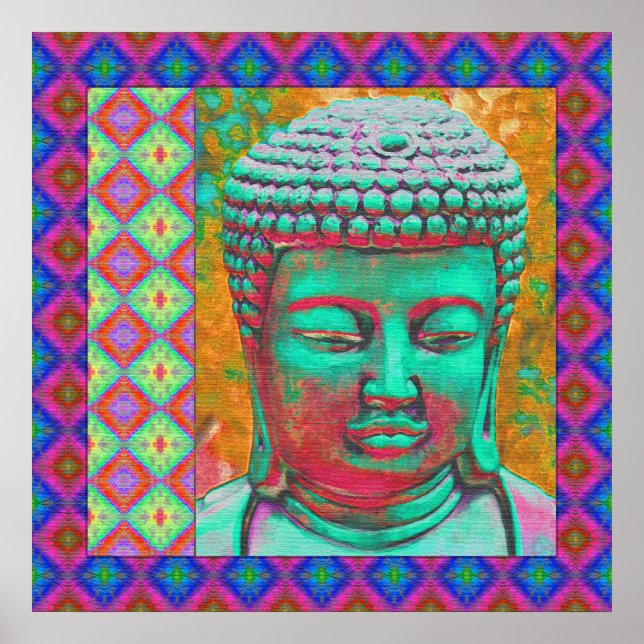 Affiches Bouddha Pop avec des bordures en Patchwork en bleu (Devant)