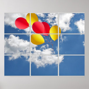 Affiches bouquet de ballons dans le ciel à travers la fenêt