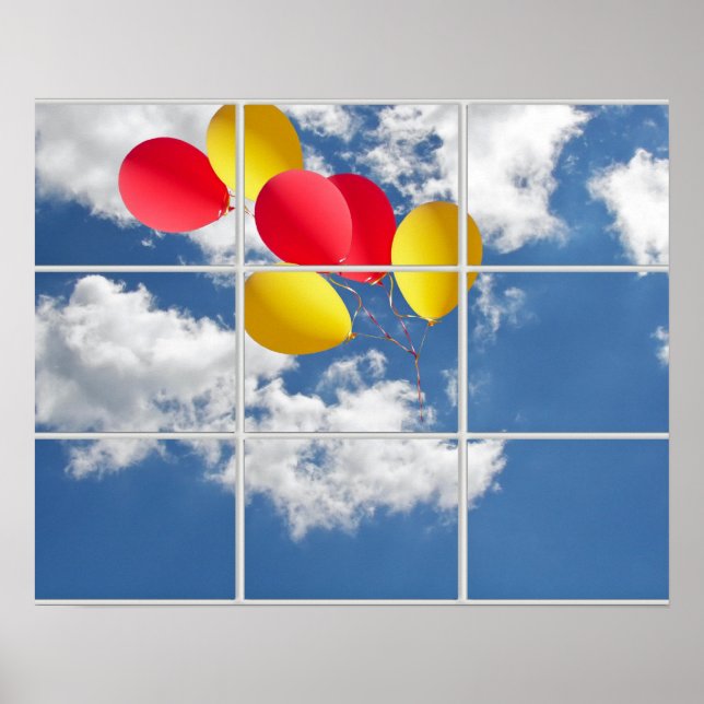 Affiches bouquet de ballons dans le ciel à travers la fenêt (Devant)