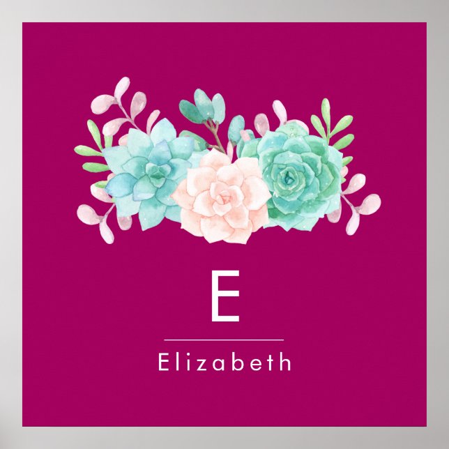 Affiches Bouquet de fleurs rose et vert Pastel sur Magenta  (Devant)