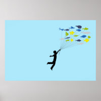 Boy Floating Away Holding Tropical Fish Balloons