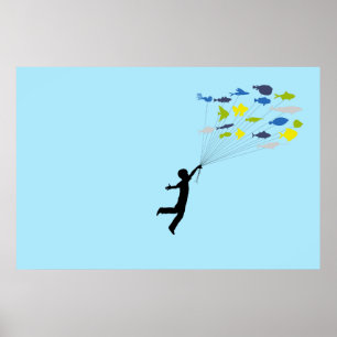 Affiches Boy Floating Away Holding Tropical Fish Balloons