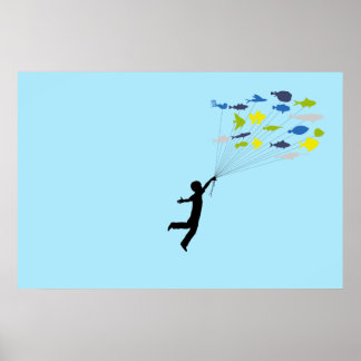 Affiches Boy Floating Away Holding Tropical Fish Balloons