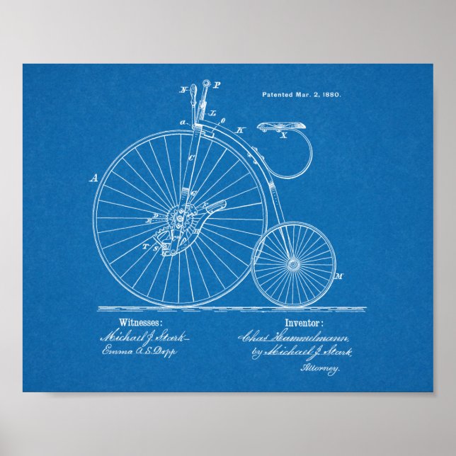 Affiches Brevet 1880 Haute Roulette Conception Bicyclette A (Devant)