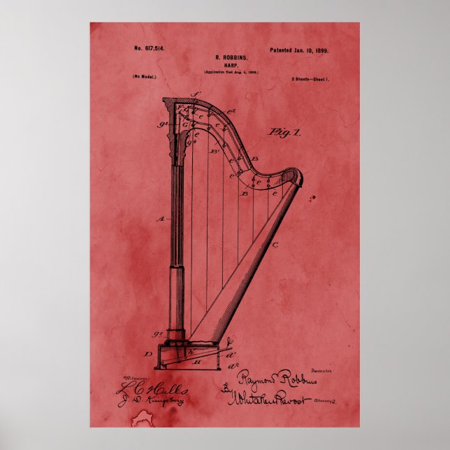 Affiches Brevet de harpe Rose vintage (Devant)