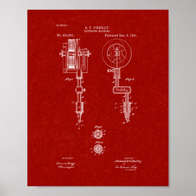 Affiches Brevet de machine à tatouage - Rouge Bourgogne (Devant)