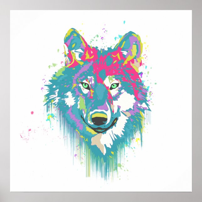 Affiches Bright Pink Blue Neon Watercolors Splatters Wolf (Devant)