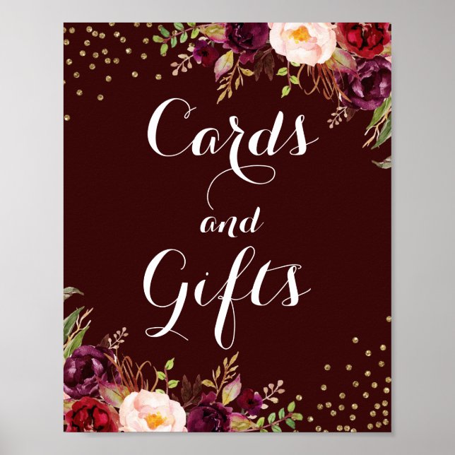 Affiches Burgundy Gold Floral Cartes Et Cadeaux Mariage (Devant)