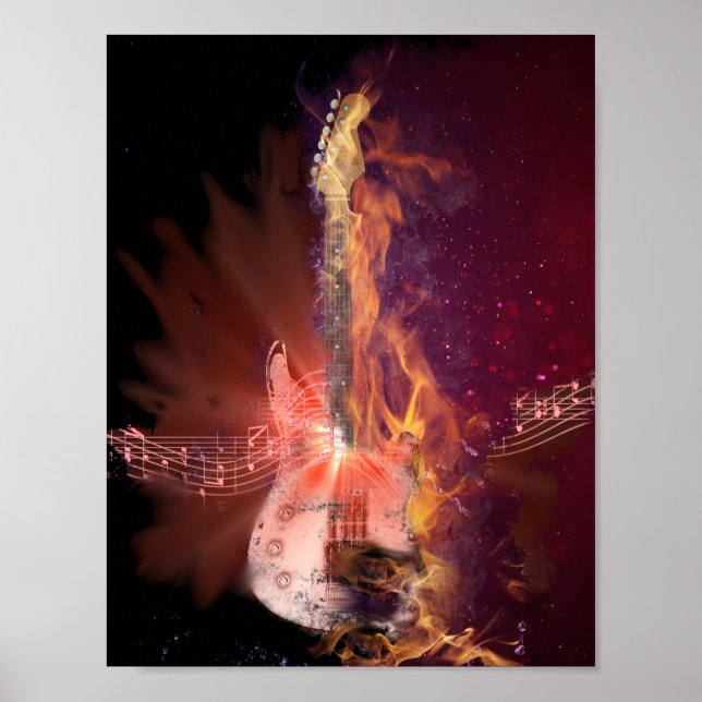 Affiches Burning Guitare et notes musicales (Devant)