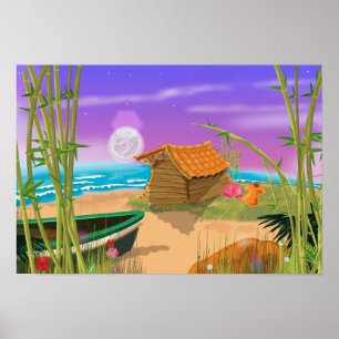 Affiches "Cabane de plage sur une plage au clair de lune" "