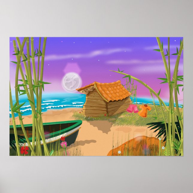 Affiches "Cabane de plage sur une plage au clair de lune" " (Devant)