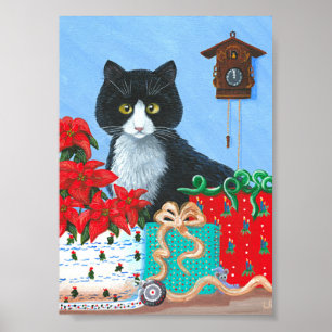 Affiches Cadeau de Noël Tuxedo Chat Poinsettias Créationart