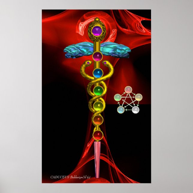 AFFICHES CADUCÉE D'OR ET 7 CHAKRAS DANS ROSE FRACTALE ROUGE (Devant)