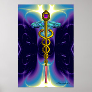 Affiches Caducée Médical Symbole Or Vagues Bleu Violet