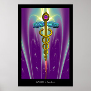 Affiches Caducée Médical Symbole Or Vagues Violettes Vertes