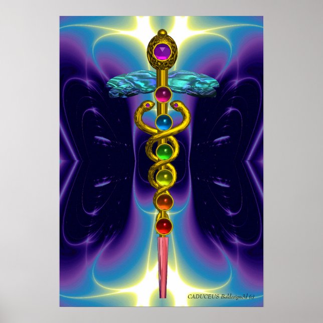 Affiches CADUCEUS AND 7 CHAKRAS , vibrant gold ametist (Devant)