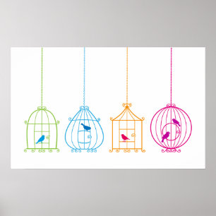 Affiches Cages à oiseaux vintages colorées avec les oisea