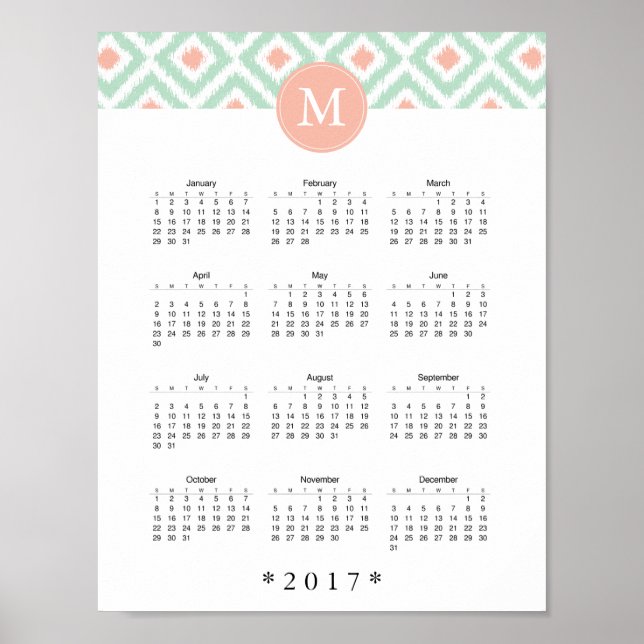 Affiches Calendrier Mint et Coral Ikat Motif 2017 (Devant)