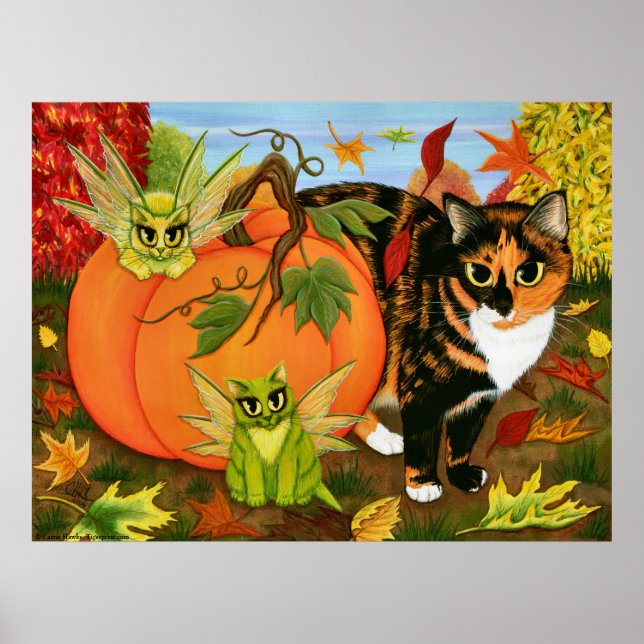 Affiches Calico Cat Fairy Cats Feuilles Automne Art d'autom (Devant)