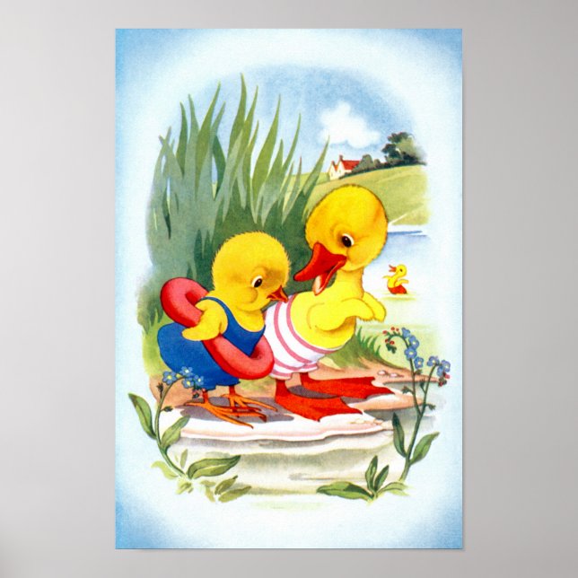 Affiches Canard et poussin vont nager (Devant)