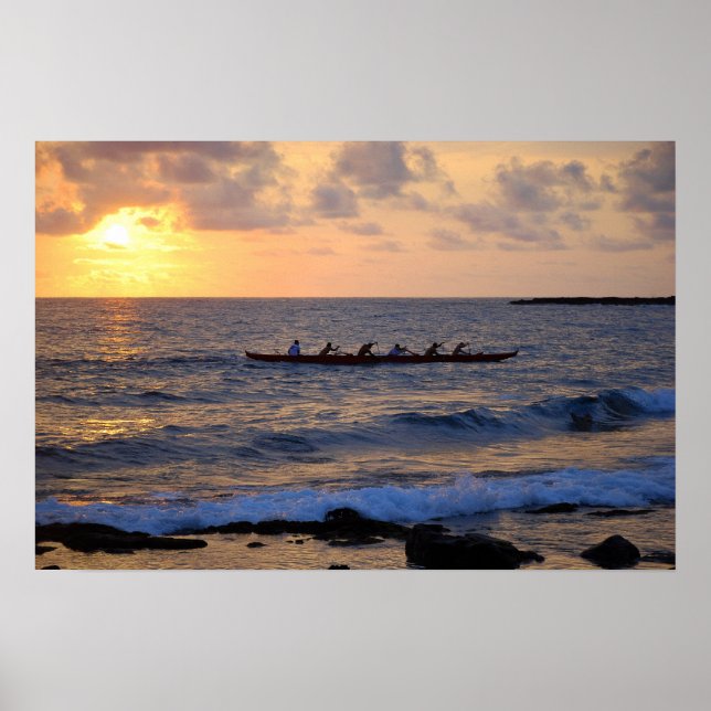 Affiches Canoë Hawaii Outrigger au coucher du soleil (Devant)