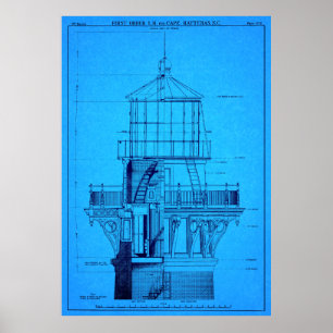 AFFICHES CAPE HATTERAS LIGHTHOUSE BLUEPRINT 1869
