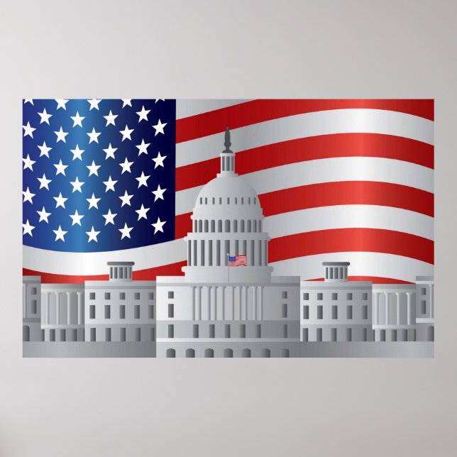 Affiches Capitole américain de Washington DC avec drapeau a (Devant)