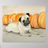 "Carlin avec Citrouilles" Chien Art Imprimer