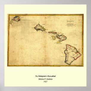 Affiches Carte 1837 - îles d'Hawaï de cru hawaïennes