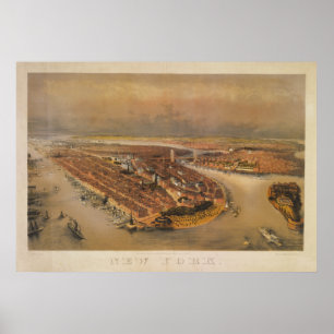Affiches Carte 1847 de vue d'oeil d'oiseau de New York City