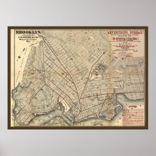 Affiches Carte 1874 d'itinéraire de Brooklyn City Railroad